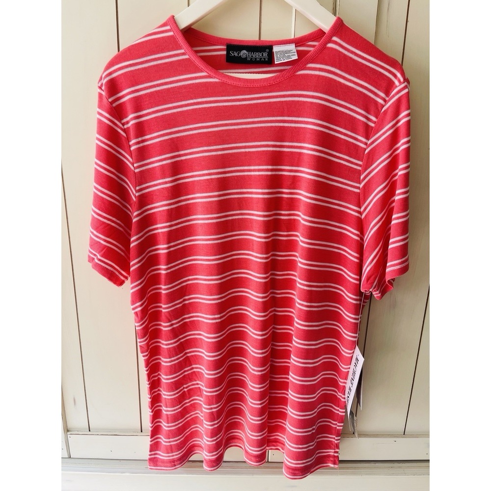 NWT Sag Harbor Women's Coral Red/White Striped Short Sleeve Blouse 1X Plus Size
